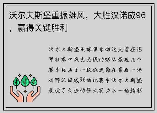 沃尔夫斯堡重振雄风，大胜汉诺威96，赢得关键胜利