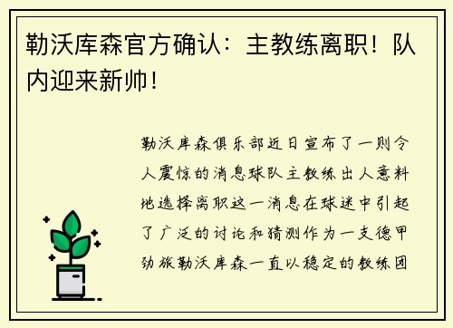 勒沃库森官方确认：主教练离职！队内迎来新帅！