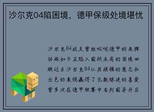 沙尔克04陷困境，德甲保级处境堪忧