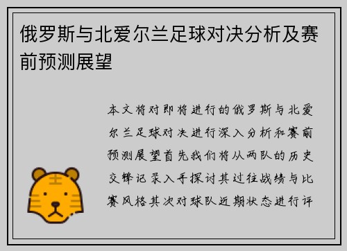 俄罗斯与北爱尔兰足球对决分析及赛前预测展望