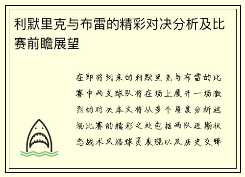 利默里克与布雷的精彩对决分析及比赛前瞻展望