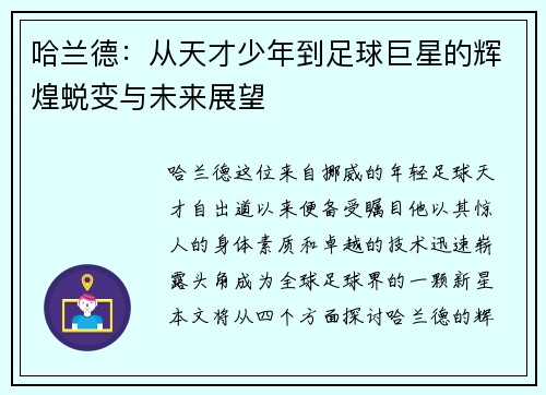 哈兰德：从天才少年到足球巨星的辉煌蜕变与未来展望