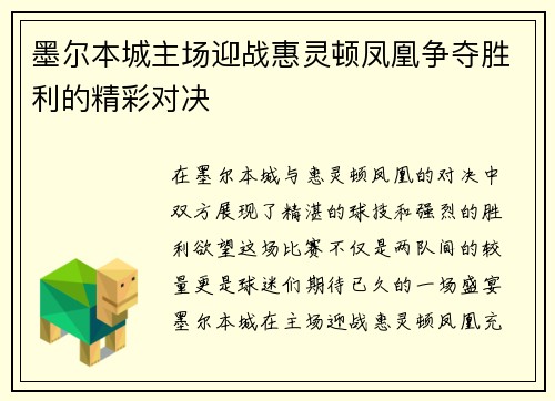 墨尔本城主场迎战惠灵顿凤凰争夺胜利的精彩对决
