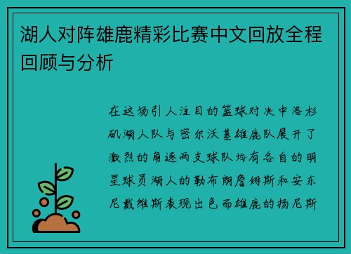湖人对阵雄鹿精彩比赛中文回放全程回顾与分析