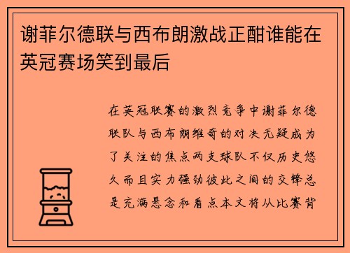 谢菲尔德联与西布朗激战正酣谁能在英冠赛场笑到最后