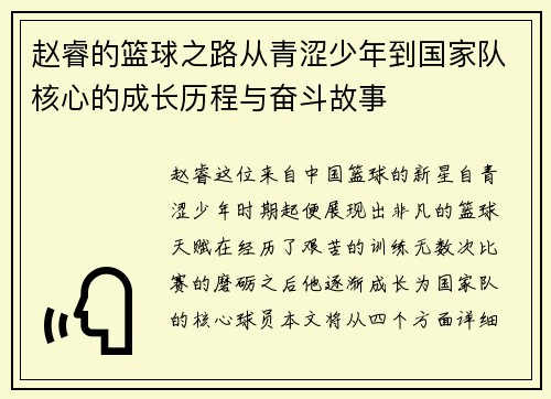 赵睿的篮球之路从青涩少年到国家队核心的成长历程与奋斗故事