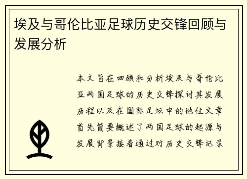 埃及与哥伦比亚足球历史交锋回顾与发展分析