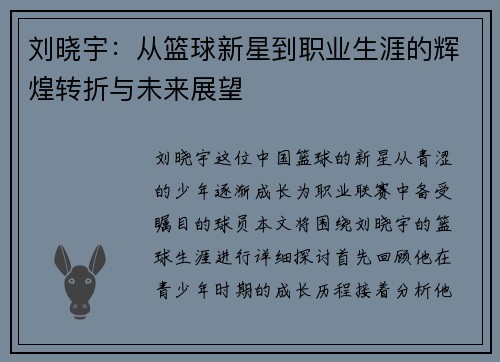 刘晓宇：从篮球新星到职业生涯的辉煌转折与未来展望
