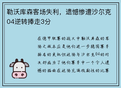 勒沃库森客场失利，遗憾惨遭沙尔克04逆转捧走3分