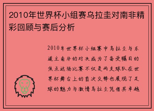 2010年世界杯小组赛乌拉圭对南非精彩回顾与赛后分析