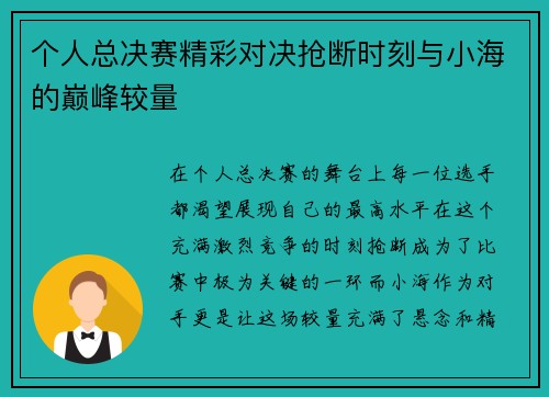 个人总决赛精彩对决抢断时刻与小海的巅峰较量