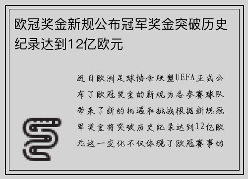 欧冠奖金新规公布冠军奖金突破历史纪录达到12亿欧元