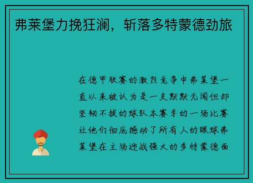 弗莱堡力挽狂澜，斩落多特蒙德劲旅