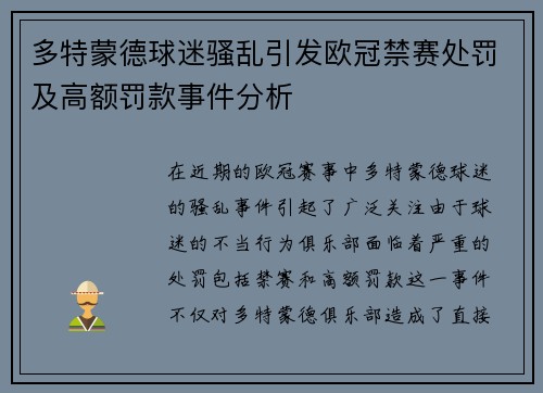 多特蒙德球迷骚乱引发欧冠禁赛处罚及高额罚款事件分析