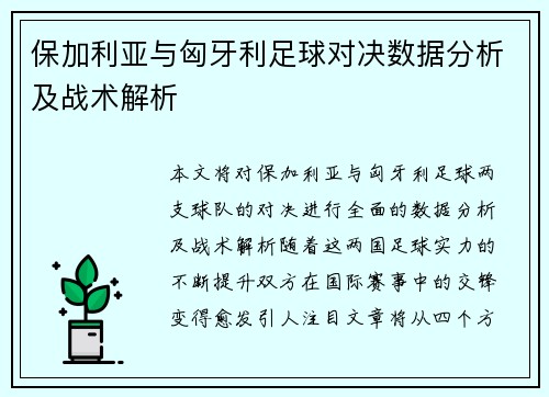 保加利亚与匈牙利足球对决数据分析及战术解析