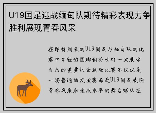 U19国足迎战缅甸队期待精彩表现力争胜利展现青春风采