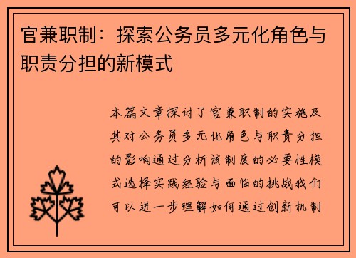 官兼职制：探索公务员多元化角色与职责分担的新模式