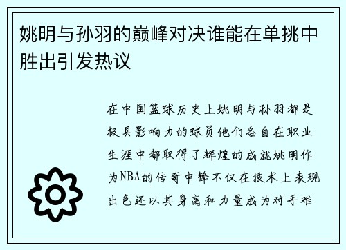 姚明与孙羽的巅峰对决谁能在单挑中胜出引发热议