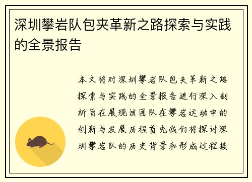 深圳攀岩队包夹革新之路探索与实践的全景报告