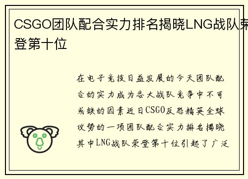 CSGO团队配合实力排名揭晓LNG战队荣登第十位
