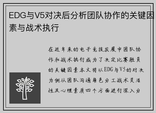 EDG与V5对决后分析团队协作的关键因素与战术执行