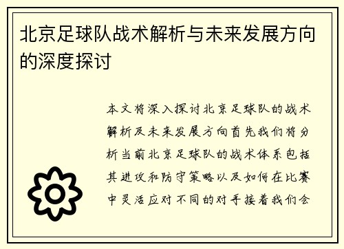 北京足球队战术解析与未来发展方向的深度探讨